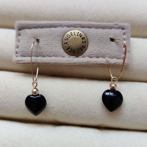 14K Yellow Gold Onyx Heart Dangle Earrings